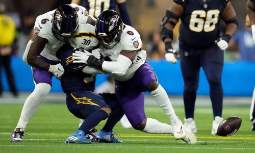 Ravens force 4 turnovers, hold off Chargers, 20-10, in ‘playoff atmosphere’ to retain top spot in AFC