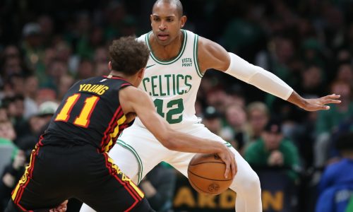 Celtics’ Al Horford reacts to blocking shot into son Ean’s lap during win over Hawks