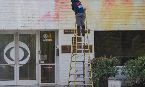 WBZ-TV CBS Boston headquarters vandalized with red paint, taggers wrote ‘Free Palestine’