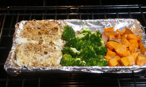 Quick Fix: Baked Pecan Crusted Halibut with Broccoli and Sweet Potatoes