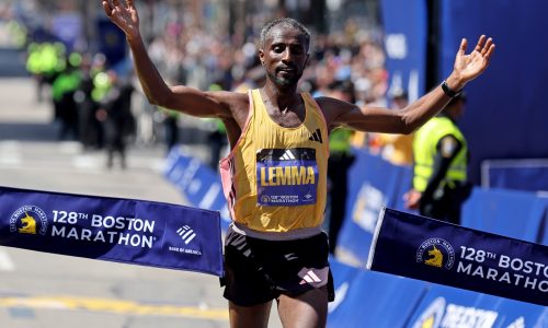 Ethiopian Sisay Lemma runs away to victory in the Boston Marathon