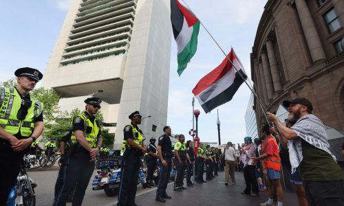 Pro-Palestine protestors picket outside Biden presidential motorcade, Seaport fundraiser