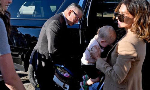 Alec and Hilaria Baldwin arrive at court with baby before jury selection begins in trial
