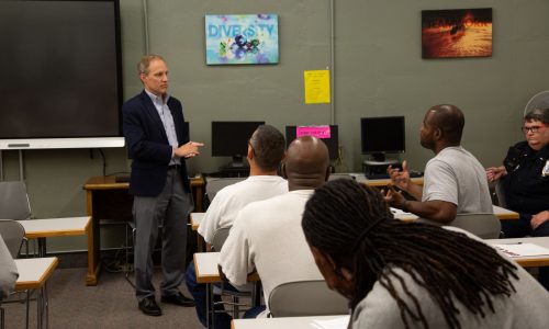 Secretary of State Steve Simon meets with inmates about law restoring voting rights