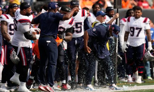 Gatorade-drenched Jerod Mayo reacts to winning first game as Patriots head coach