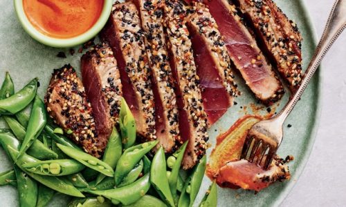 Easy weeknight meals: Everything-Crusted Tuna with Snap Peas and Tahini-jang Sauce