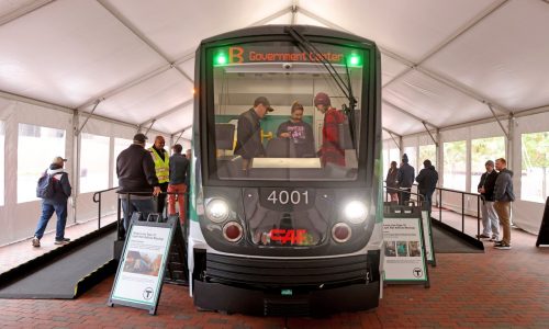 MBTA showcases new Green Line trolley cars with accessibility, safety updates in City Hall Plaza