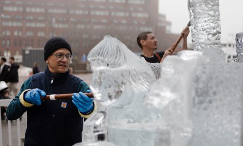 Massive sea turtle ice sculpture takes shape on Boston waterfront ahead of New Year’s