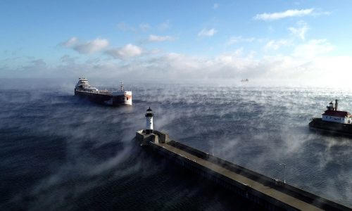 Unusual sea smoke engulfs ships approaching Duluth port