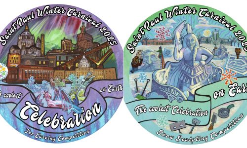 Here are the 2025 Winter Carnival buttons, designed by painter and snow sculptor Heather Friedli