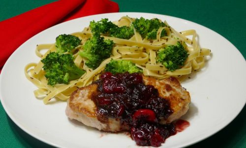 Quick Fix: Cranberry Maple Pork Chops with Caraway Fettuccine and Broccoli