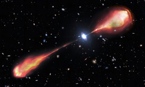 Telescopes spy a monster radio jet streaming from a bright and early object in the universe