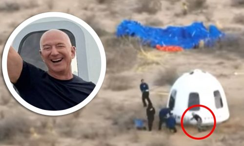 Jeff Bezos faceplants after fiancée Lauren Sanchez’s spacecraft lands