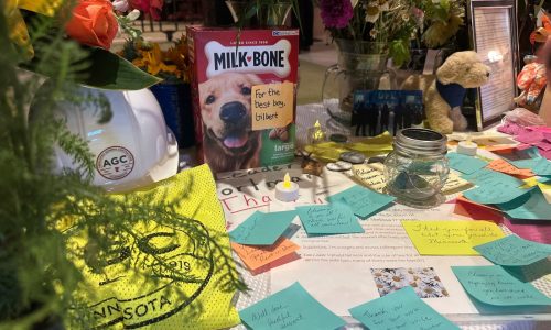 A slain Minnesota lawmaker’s beloved dog, Gilbert, stays with her as she and her spouse lie in state