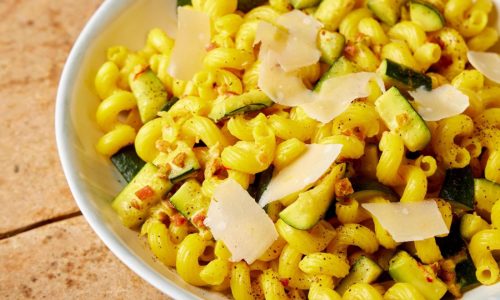 Saffron brings a golden hue to this fresh combination of zucchini and pasta