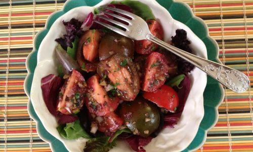Recipe: Homemade Green Black Tapenade is delicious on a tomato salad