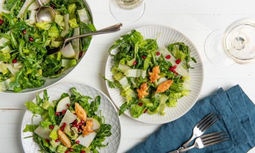 Thanksgiving salad with pears, Parmesan and pomegranate seeds, starring puff pastry croutons