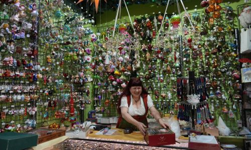 Holiday ornaments decorate life all year long in this Belgian shop