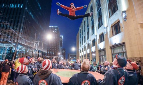 Carrying on the Winter Carnival’s oldest tradition, the St. Paul Bouncing Team still flies upward